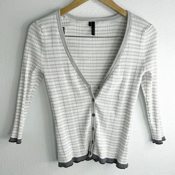 Gray and White Striped Button V-Neck Cardigan - Picture 9 of 9